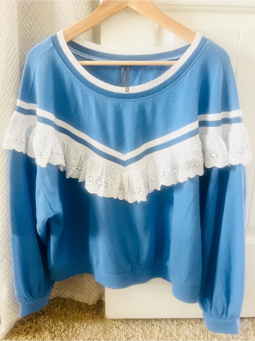 Anthropologie Blue and White Ruffle-Trim Sweatshirt Festival Cottage coreMedium